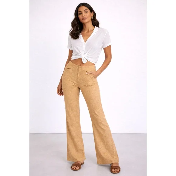 Vintage HIS For Her Linen Blend Flare Pants Straw Tan Mid Rise 70s Style 4 Est - Picture 1 of 10